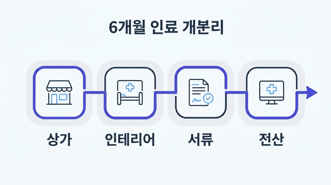 의원 개원 체크리스트 행정 절차의 6개월 시기별 준비 단계를 나타낸 타임라인 개념도