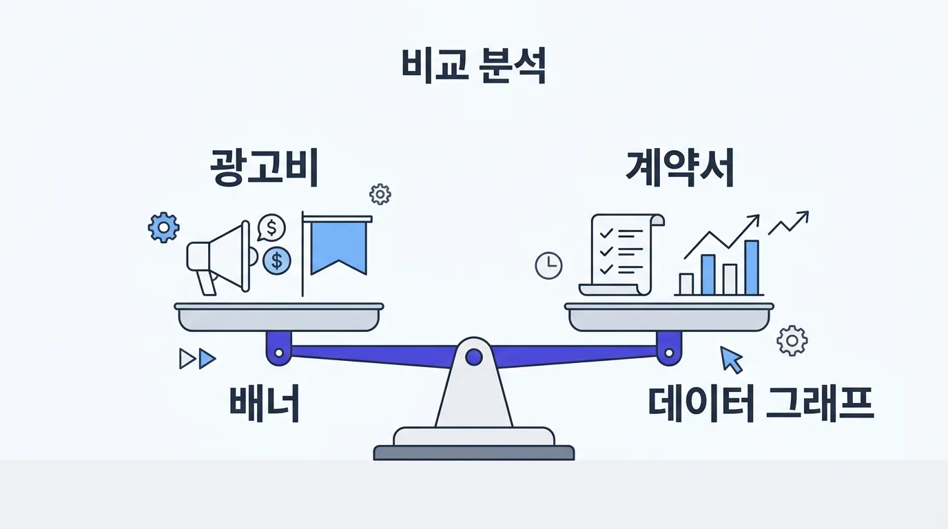 병원컨설팅 업체 선정 기준에서 광고와 실력을 비교하는 저울 개념도
